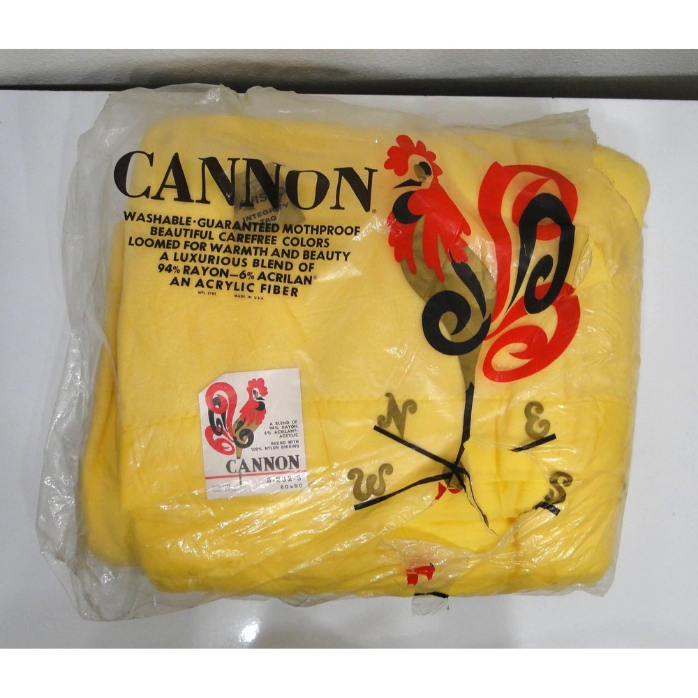 Vintage Cannon Yellow Brewster Blanket Rooster Package 80x90 Made in USA